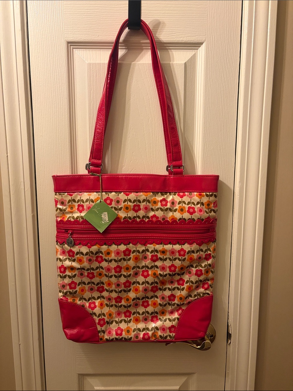 Vera Bradley Floral Print Red Patent Tote Bag with Front Zip Pocket